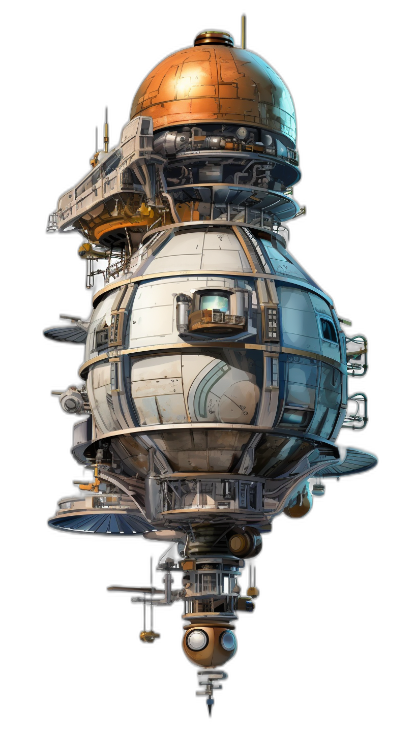 A floating space station with large round domed living spaces and small square balconies, steampunk style, white exterior with copper accents, digital art in the style of [John Harris](https://goo.gl/search?artist%20John%20Harris), black background, hyperrealistic details