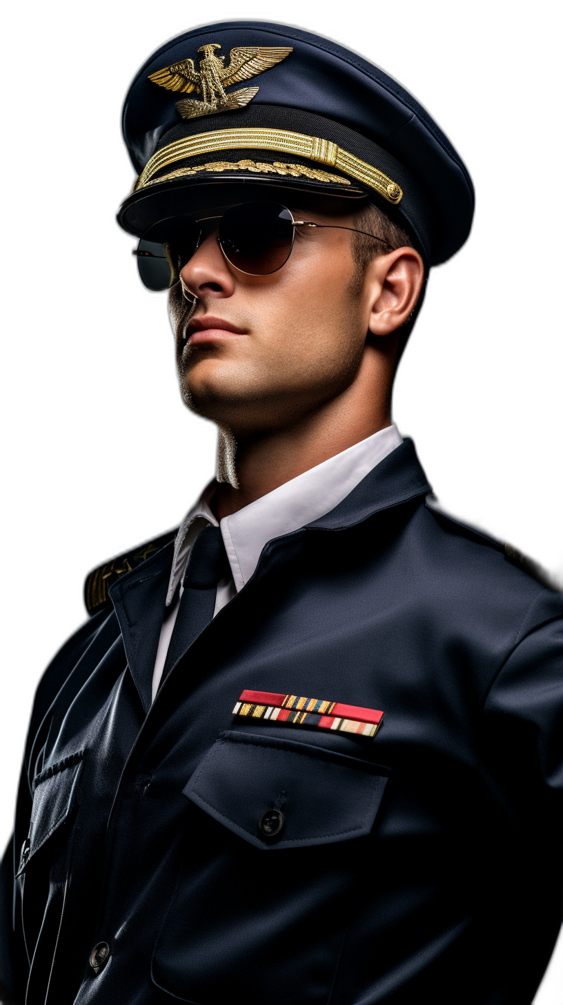 Pilot in a uniform with a cap and sunglasses on a black background, a portrait shot, in the style of studio light, high resolution photography