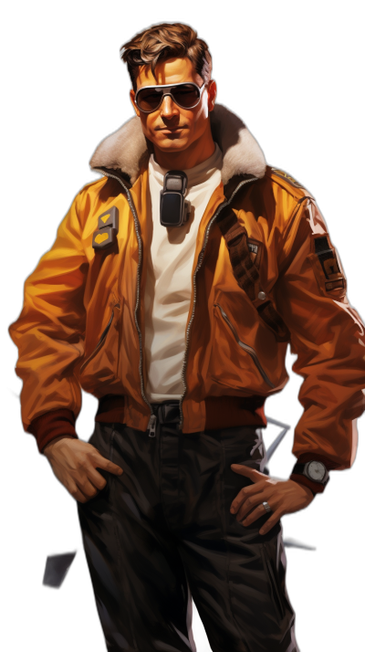 character concept art of a young man in his late thirties, wearing aviator sunglasses and an orange bomber jacket with the number "9" on it. He has short brown hair combed back, a white t-shirt underneath that is slightly visible under the armor jacket, black pants, hands at his sides, standing pose. It is a digital painting with a black background, in the style of [Artgerm](https://goo.gl/search?artist%20Artgerm).