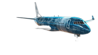 A wireframe hologram of an airplane on black background, 3D rendering with blue color and detailed textures.