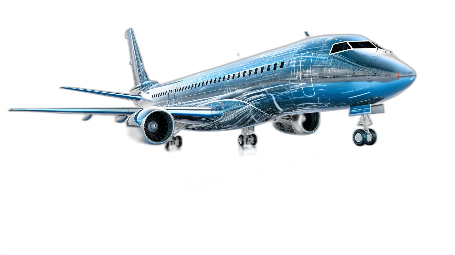 blue drawing of an airplane on a black background, isometric view, translucent glass, rendered in the style of c4d, surrealism, anime aesthetics, with ultra fine detail, colorful cartoon style, high resolution, full body shot, side lit, front angle view