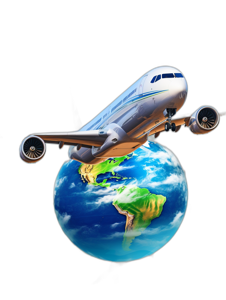 3D airplane flying around the earth in the style of cartoon, black background, high resolution photography