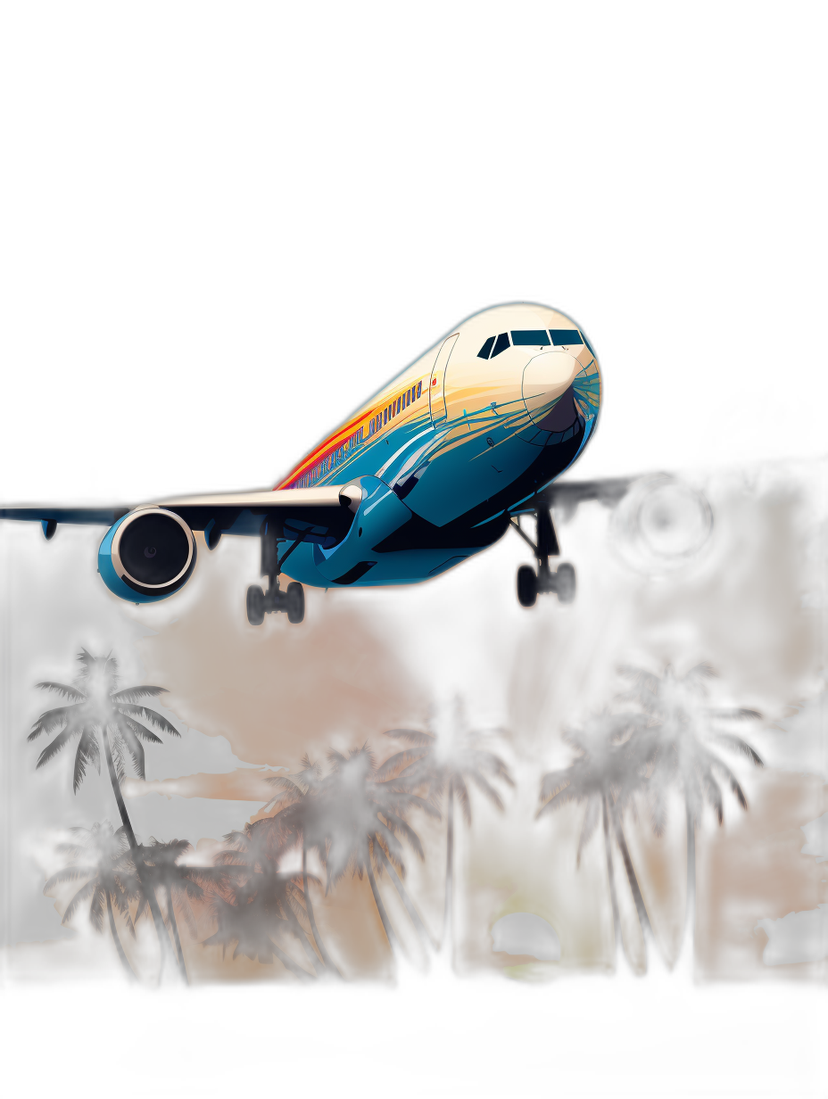 A boeing airplane with palm trees flying in the sky, vector art, 2D cartoon, t-shirt design graphic, full body shot, contour lighting, black background, colorful, highly detailed, high contrast, ultra realistic, bright colors, tropical sunset. An A380 flying through clouds in the style of boing, with a beautiful blue and orange color theme on its livery, and a few coconut tree silhouettes behind it.