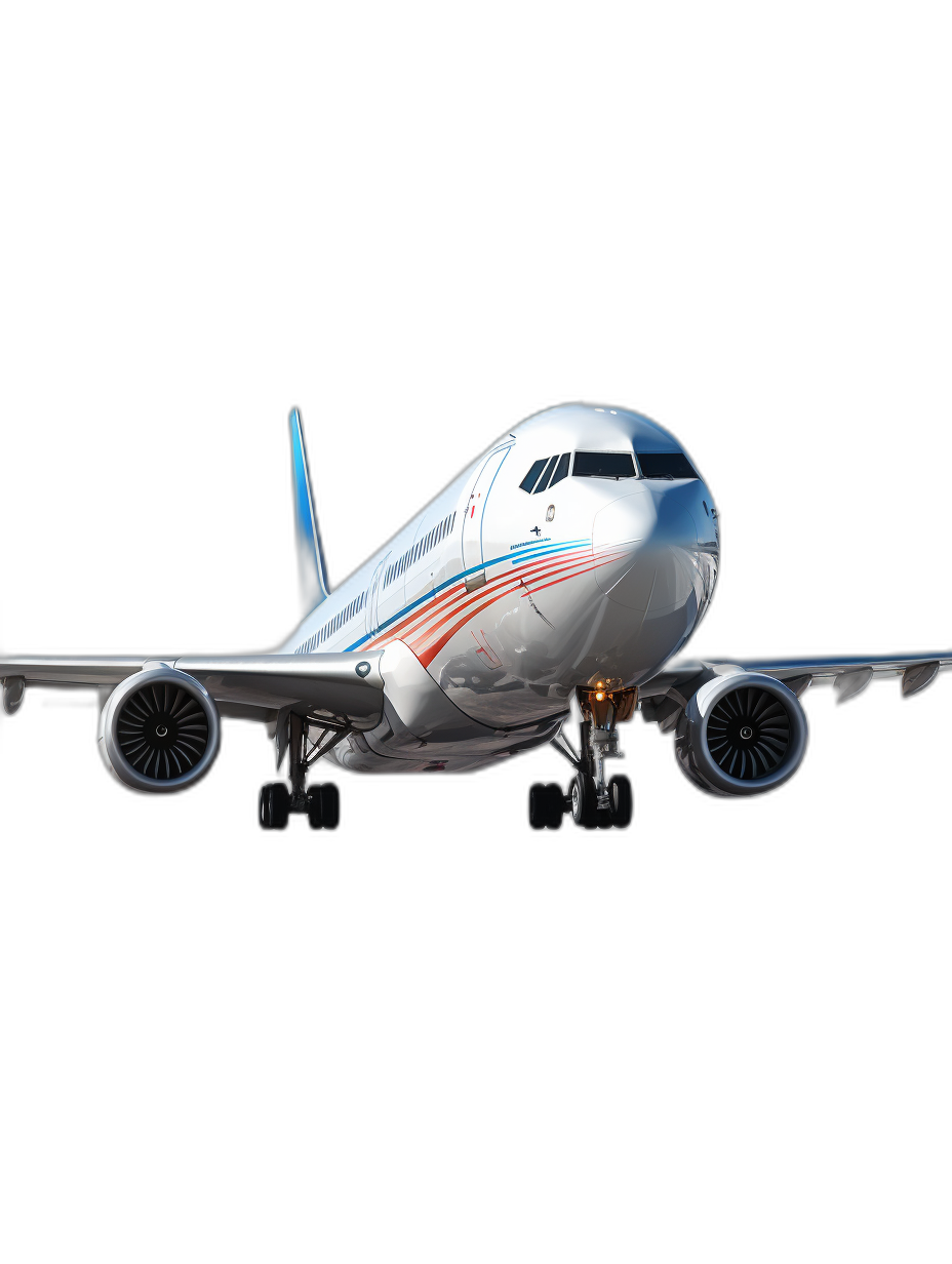 A complete aircraft, white with red and blue stripes on the side of its body, flying in front view against a black background. The 3D rendering was created in the style of C4d and octane render, featuring hyperrealistic details in high resolution photography with top light and studio lighting effects.