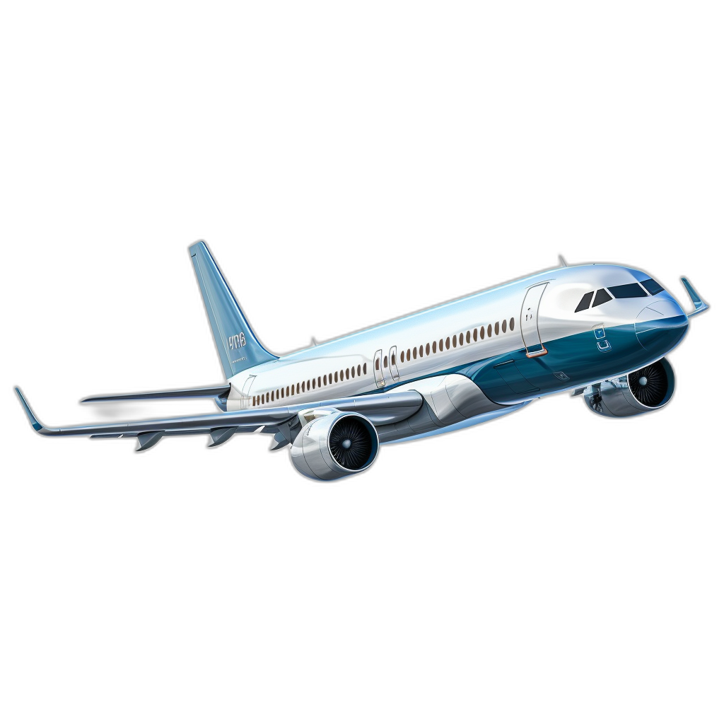 3d render of boeing airbus plane flying on black background, simple vector art, blue and white color scheme, side view, low angle shot, perspective scale, no text or letters in the picture, no shadow, no depth, no reflections, no light source