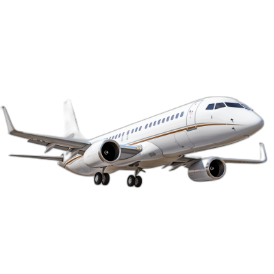 A photorealistic rendering of an ERJ50, white with gold accents, flying in the air against a black background, side view, full body shot, no visible wheels or wings, clear features and textures, no shadows on the ground, isolated object, in the style of professional photography, high resolution.