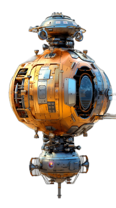 A golden round space station with four small wheels, floating in the air, pure black background, cyberpunk style, scifi feel, mechanical texture, cool tones, fisheye lens, high contrast, metallic luster. The flying spaceship is made of metal and has multiple glass windows on its surface. It floats gently above an open area without any other objects around it.,,in