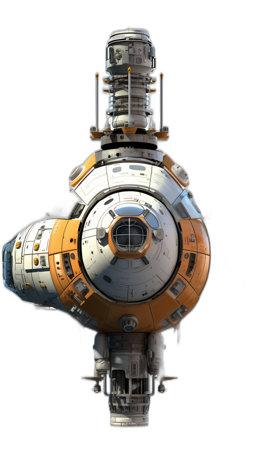 a spaceship with large circular windows, the style of Star Wars The ascending eye in orange and white colors on black background, detailed marine views, unreal engine, high resolution, high detail, hyper realistic, octane render, space ship has three arms that protrude from its body