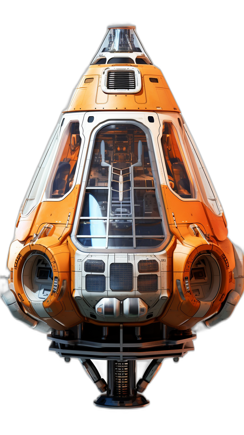 3D render of an orange and white spacecraft with glass windows, on a black background, in an isometric view with studio lighting. The high resolution photograph shows insanely detailed fine details of the isolated plain spacecraft in the style of stock photography.