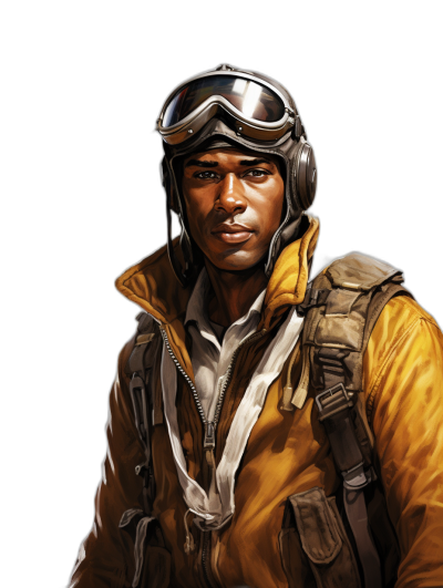 A black American pilot from World War II, wearing an aviator's helmet and goggles on his head, dressed in a yellow jacket with a white collar and brown vest, standing sideways against a background of darkness, in the style of illustration. Full body portrait, full face, handsome expression, in the oil painting effect style. High definition details, exquisite facial features, in the style.