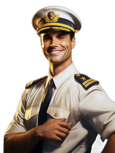 realistic illustration of a smiling handsome young captain in a white uniform with gold trim against a black background, a full body portrait wearing an air force cap on his head, with detailed facial features and eyes, his hands behind his back, looking at the camera, glowing light from within, in the style of photorealism, soft lighting, cinematic, high resolution