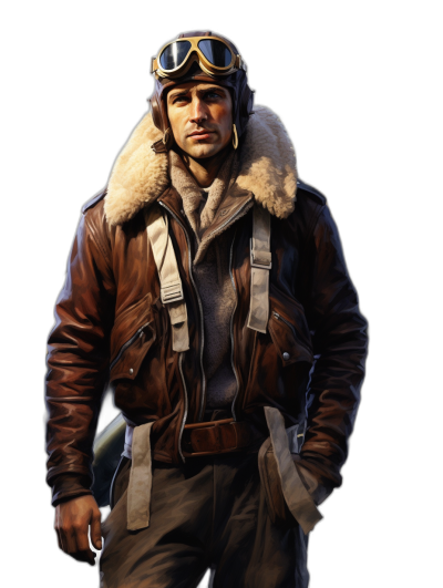 An American World War II pilot wearing a brown leather jacket with a fur collar and goggles, in the style of digital art, on a dark background, a full body portrait, high resolution