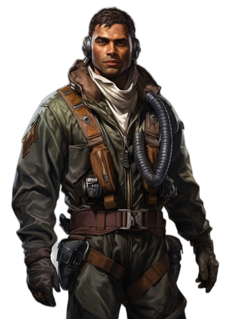 concept art of a male fighter pilot wearing leather and canvas flight jacket, dark hair in side parting with shaved sides, white bandana around neck, full body shot on black background