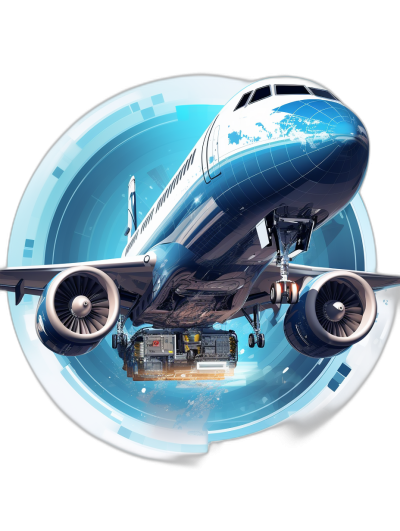 A photorealistic illustration of an airplane with blue and white colors flying inside the shape of planet Earth. The engine is working on the plane, with a small cargo in front against a black background. A circular logo with borders is shown around it.