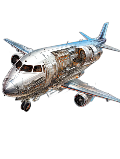 side view of an airplane cutaway drawing with all the internal components visible, flying in black background, photorealistic, hyper realistic, high resolution, high definition, octane rendering, volumetric lighting, global illumination, hdr