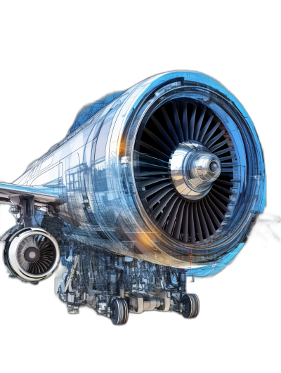 Airplane engine, translucent style, high resolution, black background, blue and white colors, futuristic technology, mechanical design, digital rendering, dynamic blur effects, and high definition details. in the style of translucent.