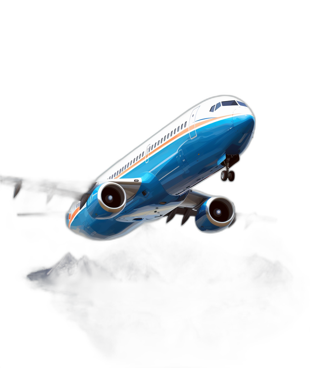 3d render of flying passenger airplane, blue and white with orange stripe, black background, low angle shot, studio lighting