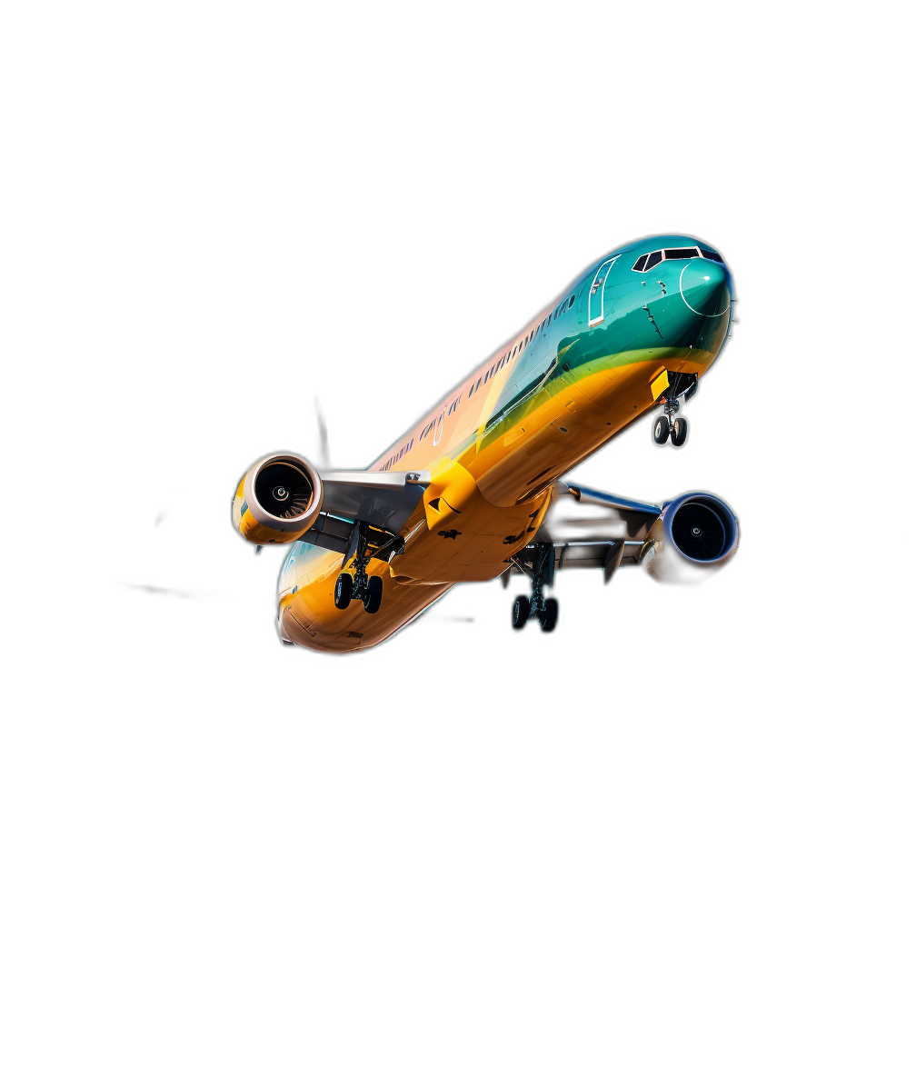 Realistic photograph of an airplane flying in the sky, plain black background, green and yellow livery, studio lighting, shot in the style of Sony Alpha A9 II