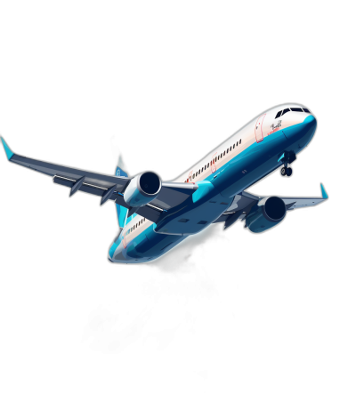 3d cartoon style boeing airplane flying in the air on black background. Blue and white colors. Vector illustration. wide angle lens, high detail, sharp focus, studio light, realistic color schemes, contrast , bright tones, natural scenery