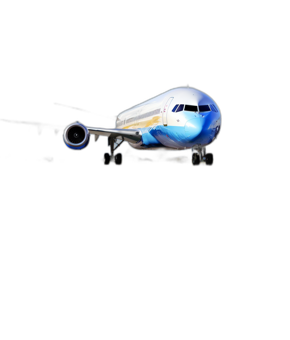 Realistic photograph of an airplane with the colors blue, white and yellow flying in black background. In style photo from another planet. Dark atmosphere. Sony Alpha A7 III, Canon K35 Prime Lenses, f/4.0, High contrast, natural lighting, 28mm lens, ISO 600, color grading