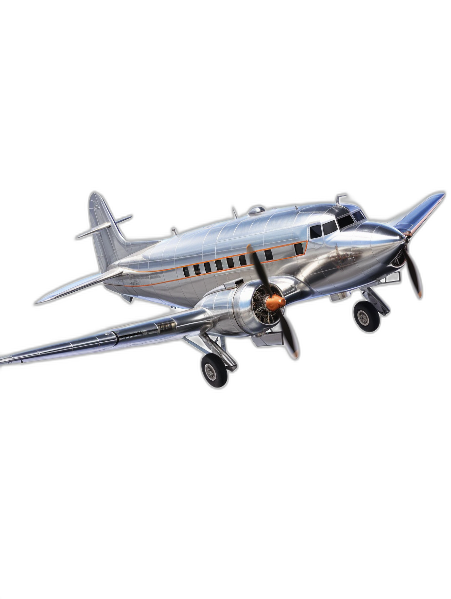 A silver DC3 airplane with no background, floating in the air, 2D illustration style, solid black color background, high resolution