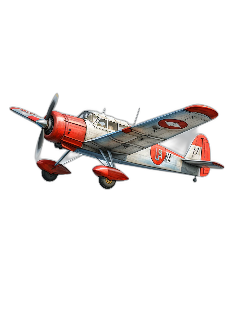 3D rendering of a small Japanese fighting plane in the style of a cartoon, on a black background, in a red and white livery, with studio lighting, from the 20th century, for a t-shirt design.