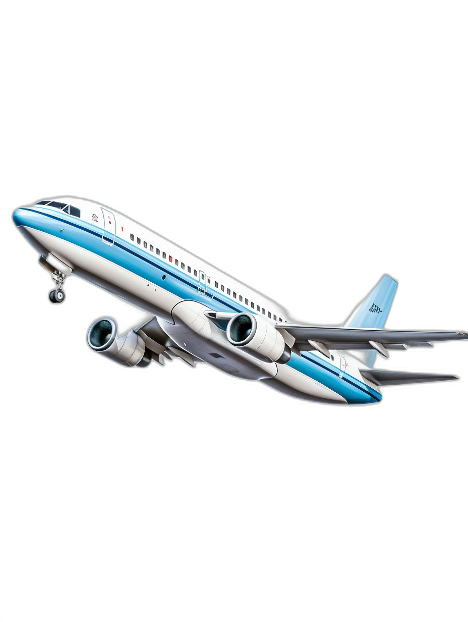 A realistic airplane flying in a cartoon style with a simple design against a black background featuring a white and blue color scheme in a side view with detailed, high resolution and high quality rendering in a high angle view centered in an isometric perspective in the style of a hyperrealistic 3D rendering with studio lighting and cinematic effects. The plane has no text, letters or numbers on its wings.