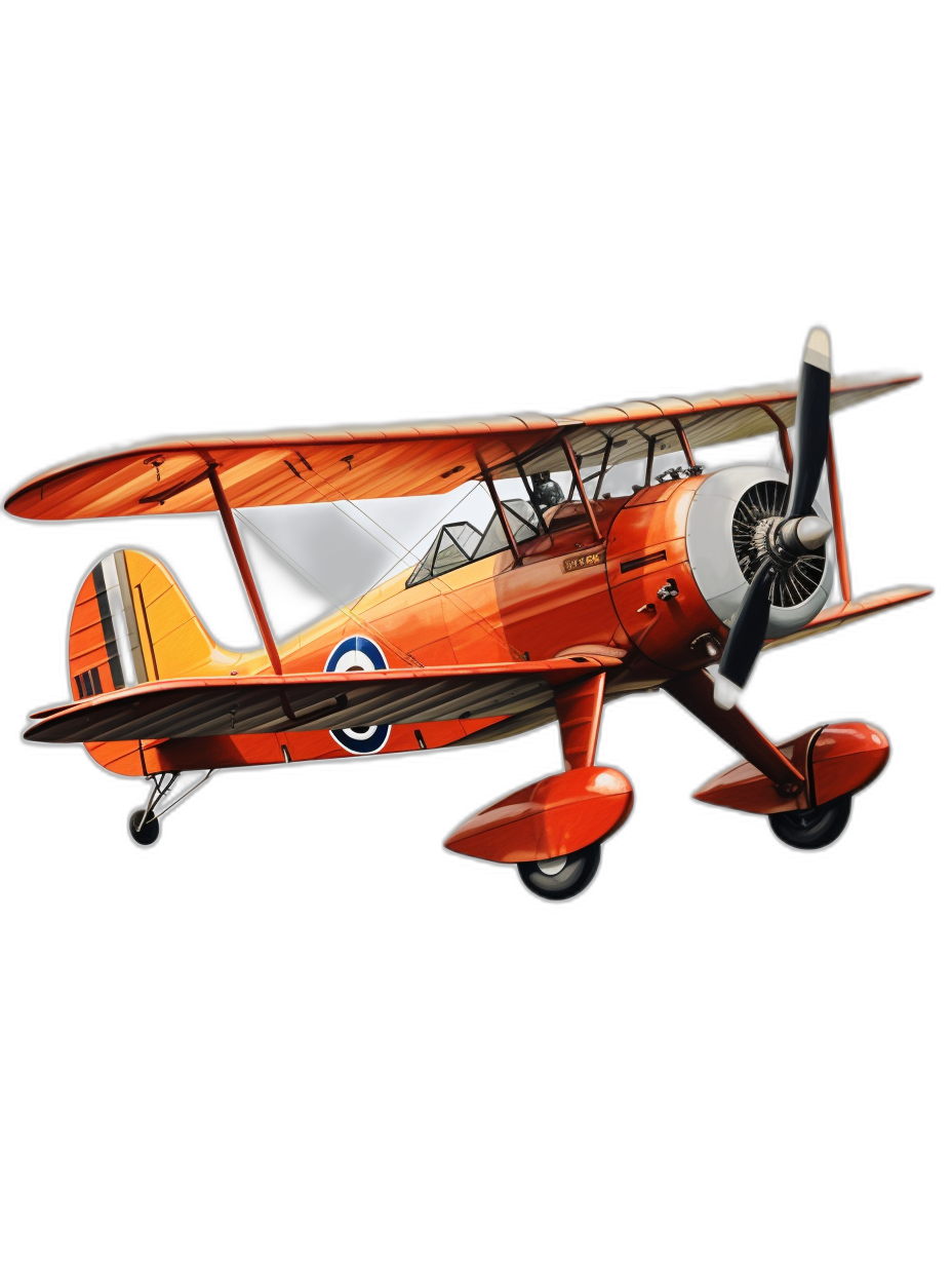 An orange biplane in flight on a black background, vector art illustration in the style of vintage cartoon, airbrushed style.