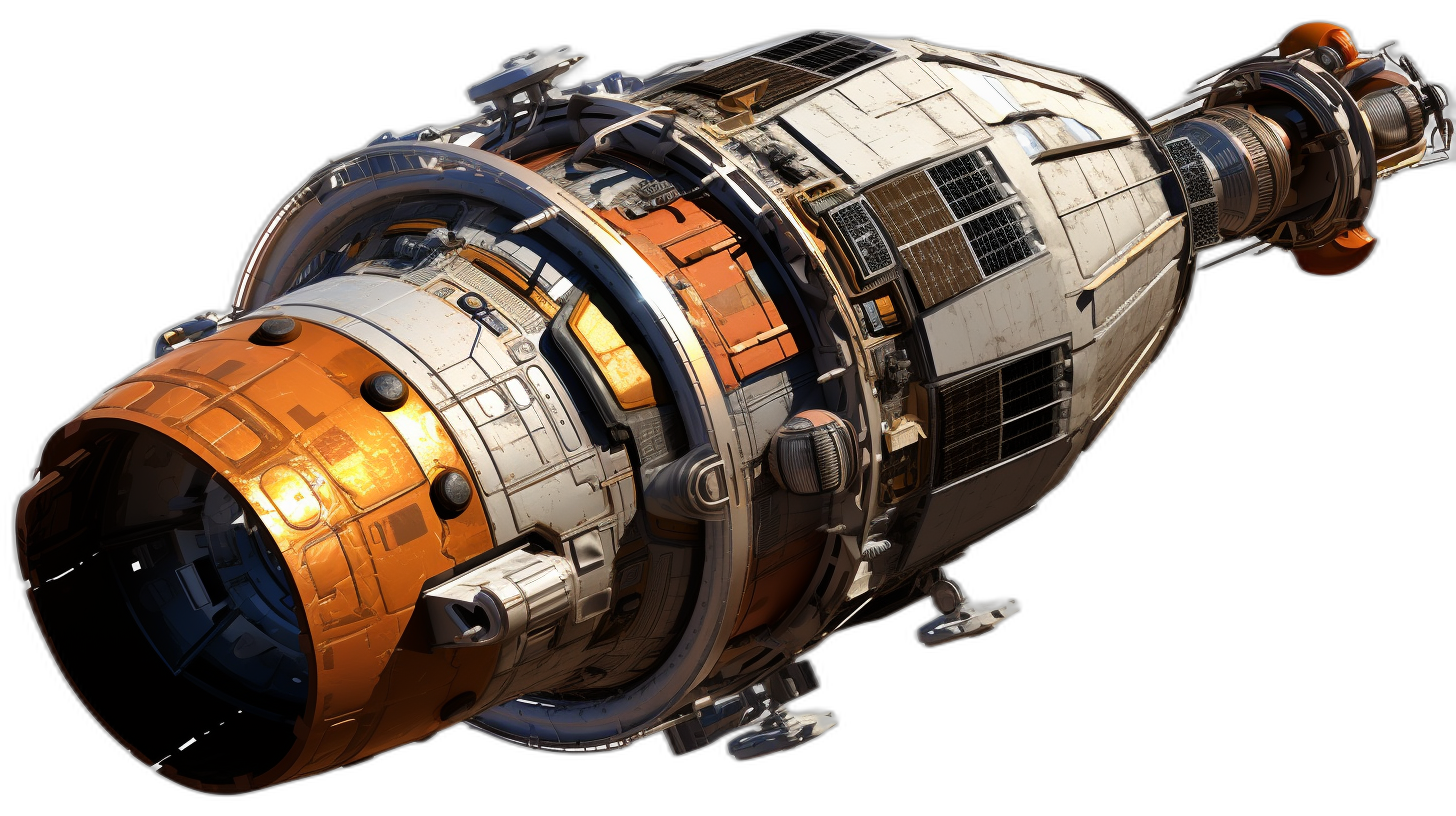 3D render of space station with engine, orange and white metal, isolated on black background, in the style of Unreal Engine.