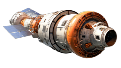 3d render of space station with orange and white exterior, black background, high resolution, professional photograph, super detail hyper quality