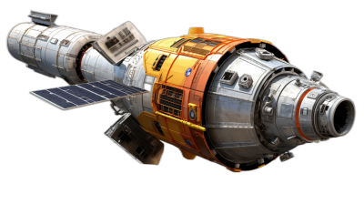 3d render of small space Station, orange and grey metal with solar panels on the side, isolated black background, hyper realistic,