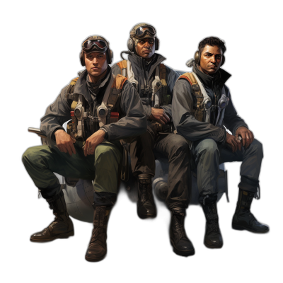 concept art of three male characters sitting on top of each other, wearing fighter pilot uniforms with grey boots and goggles against a black background, rendered in a realistic style.