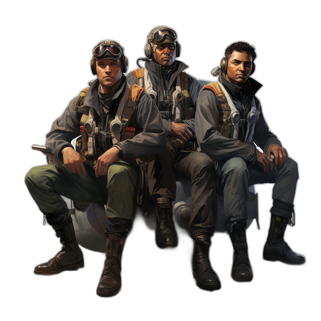 concept art of three male characters sitting on top of each other, wearing fighter pilot uniforms with grey boots and goggles against a black background, rendered in a realistic style.