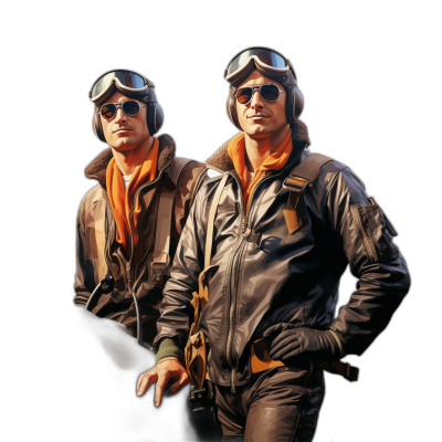 World War II, two American aviator fighter pilots standing next to each other in leather jackets and orange scarves under their pilot helmets, sunglasses on a black background, in the digital art style.