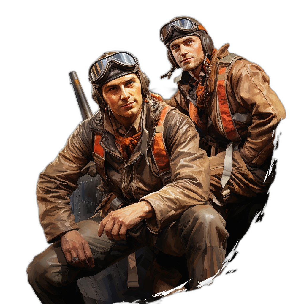 Two World War II bomber pilots sitting together on the ground in the style of vector art, on a black background, as a 2D illustration with high resolution and high detail in the digital painting style of hyper realistic watercolor clipart.