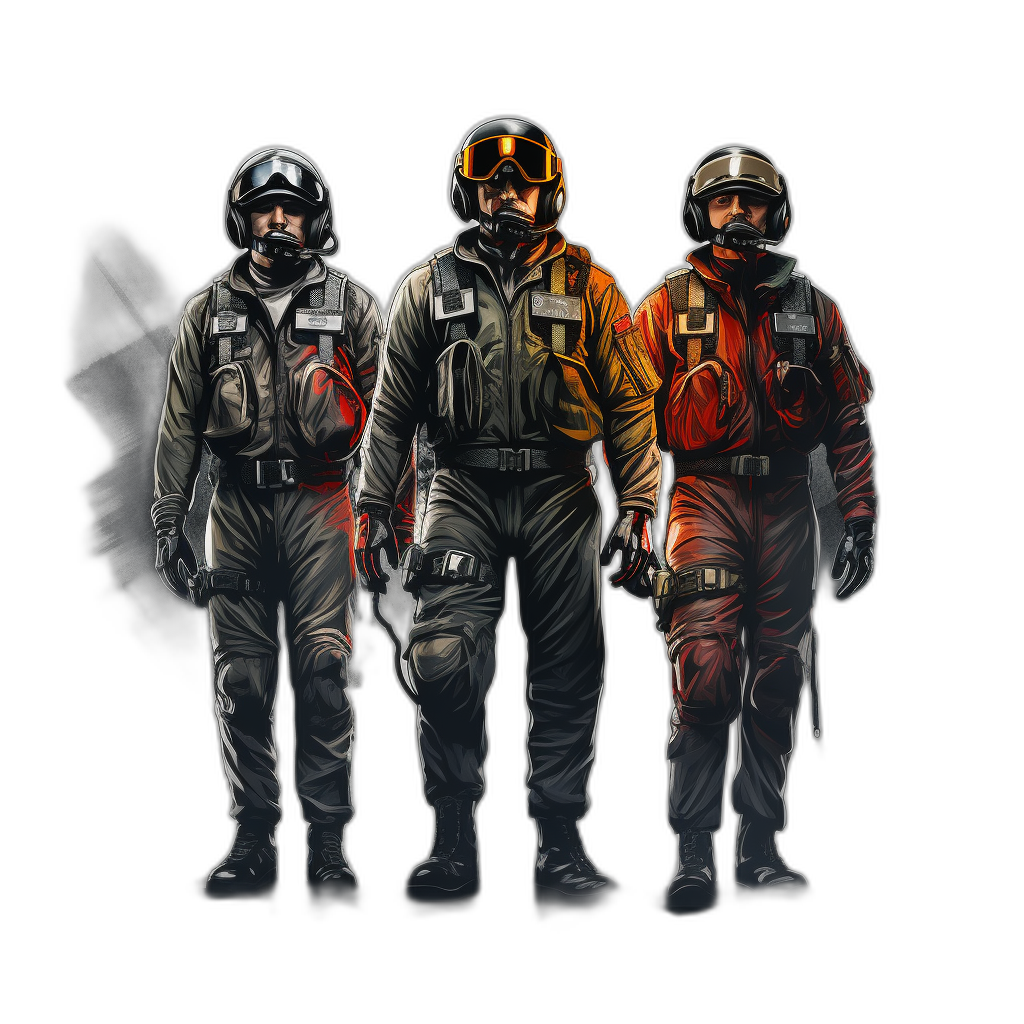 Concept art of three different characters wearing Star Wars X-wing pilot , with a full body view from a front facing camera angle on a black background. The illustrations are in the vector style of flat design with digital painting, featuring high detail, high contrast, and high resolution. They are digital drawings and illustrations in the style of ArtStation digital art. The concept art features art toy character designs.