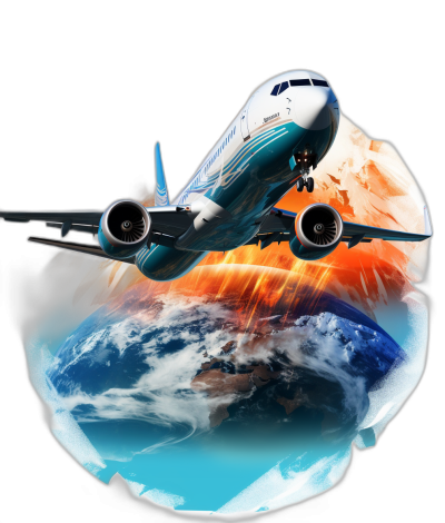 A graphic design of an airplane flying around the earth, with blue and white colors on a black background, in the vector art style, of an airbus A320 jet engine, with the earth in the foreground, and a bright colorful explosion behind the plane, a cartoon illustration, inspired in the style of airglue 5, a 4D rendering, with hyperrealistic details, at a high resolution, with sharp focus, and studio lighting, showing intricate detail, isolated on a black background.