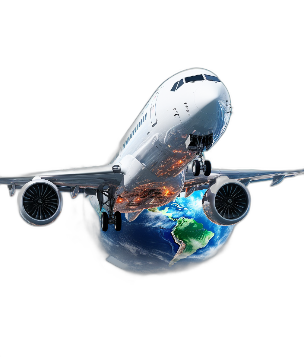 An airplane is flying in the air, with the earth inside it and flames on its surface. The background color is black in a realistic photo style. There should be no other elements around.