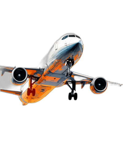 Realistic photo of an orange and white airplane on a black background, with orange details on the plane, orange stripes on the wings, and an orange engine on each side. The technical drawing style features white lines and appears to be a 3D rendering vector illustration of professional quality, high resolution, high detail, and high contrast. The image utilizes volumetric lighting and appears hyper realistic with sharp focus and hyper detailed textures in a style reminiscent of cinematic photography or an octane render.