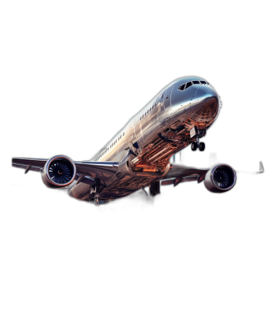 Realistic photograph of an airplane in flight, transparent background, with engine parts showing inside the body of plane, wide angle shot, high resolution digital photography, dramatic lighting, highly detailed, sharp focus, cinematic, high contrast, dynamic composition, black background