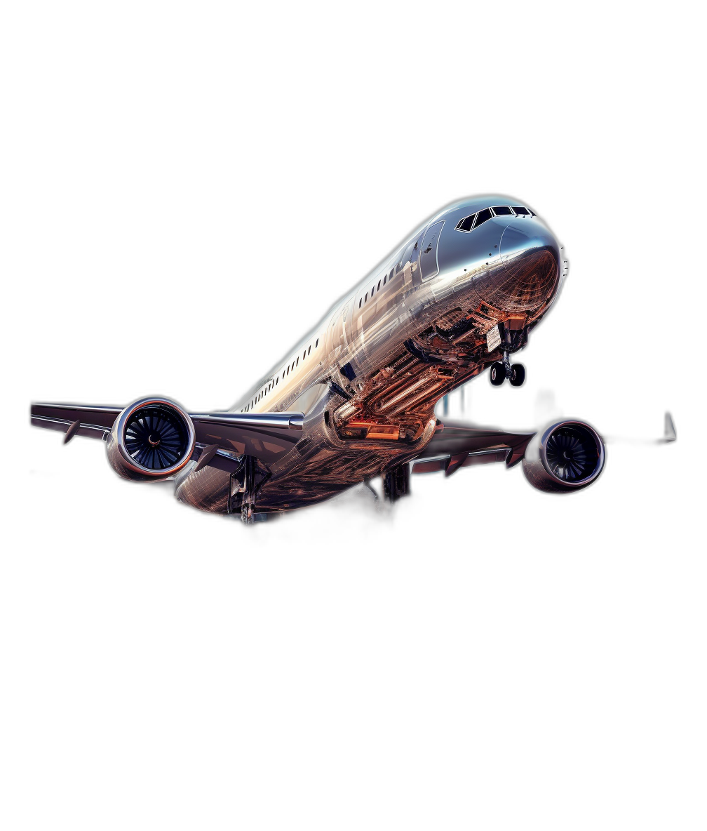 Realistic photograph of an airplane in flight, transparent background, with engine parts showing inside the body of plane, wide angle shot, high resolution digital photography, dramatic lighting, highly detailed, sharp focus, cinematic, high contrast, dynamic composition, black background