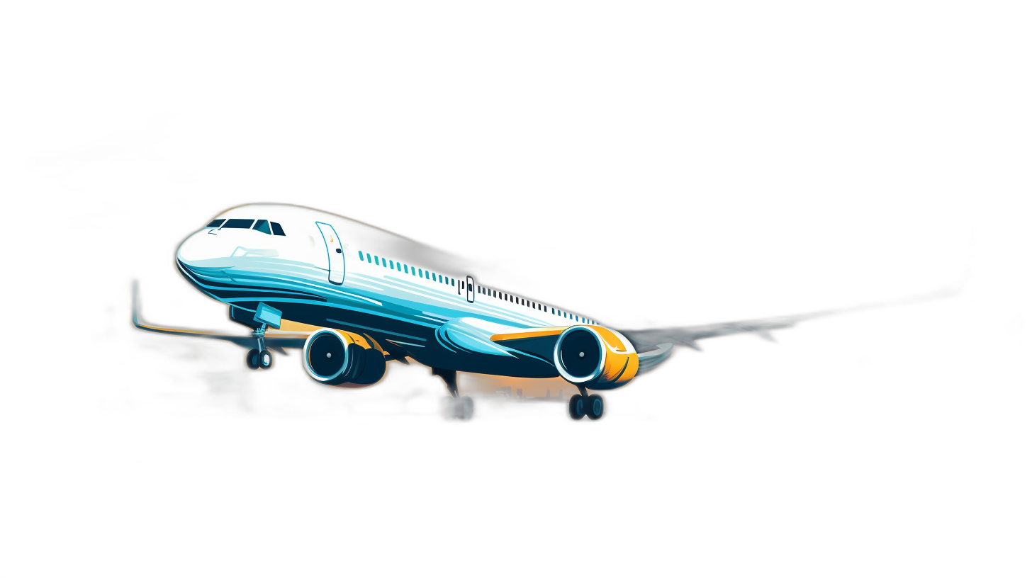 A white and blue airplane with yellow engine details, flying on a black background, in a 3d illustration style, in the style of a cartoon, with high resolution, very detailed, with a glowing effect, light in the windows, with a matte texture, in a minimalist style.