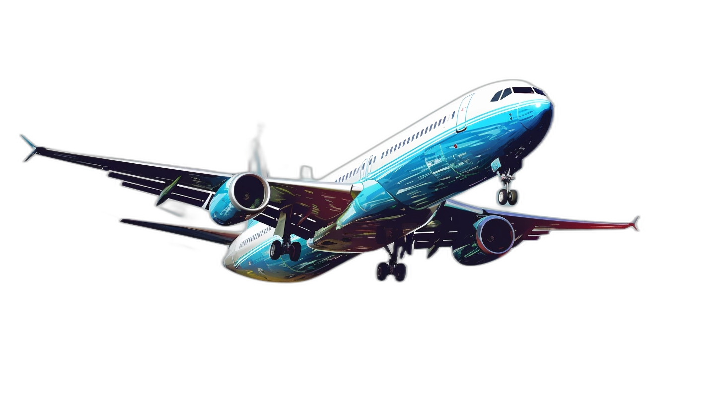 3D rendering of a Boeing airplane flying, isolated against a black background, in the cartoon style with blue and teal colors.