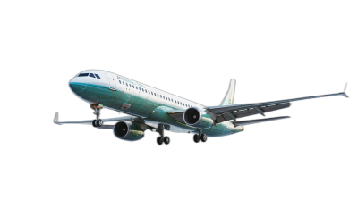 A white and teal Boeing airplane flying against a black background in the style of a photorealistic rendering, with a full body shot captured through high resolution photography.