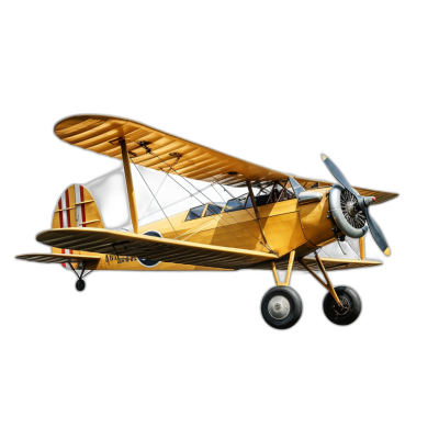 A yellow and white biplane from the early to mid 20th century, flying in a black background, in the vector illustration style, cartoon, with simple lines, high resolution, no shadows on a dark solid color background, with high detail, no shading, high quality, high definition image.