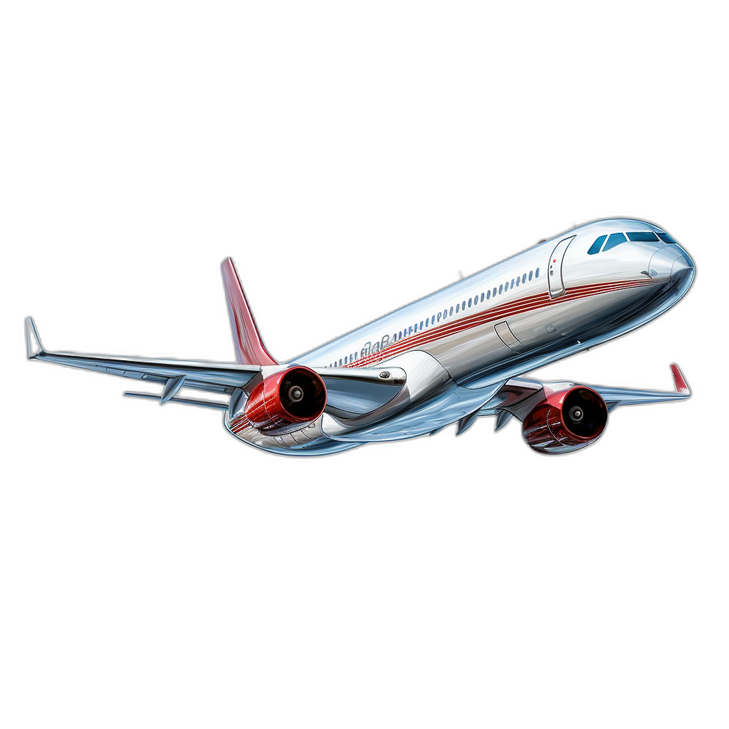 Realistic airbrush illustration of an A320 airplane in flight, white and red with black background, details on the plane,