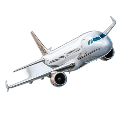 A white A320 airplane flying through the air with a grayscale beige and gold color scheme on a black background, shown from a high angle in a hyper realistic shot, rendered with no lighting effects in the style of Octane.