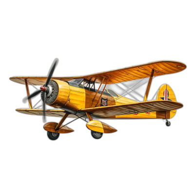 vintage yellow biplane in profile on black background, vector art style, hand drawn design, detailed painting, cartoon illustration, high resolution, professional photograph, no shadow, perfect quality