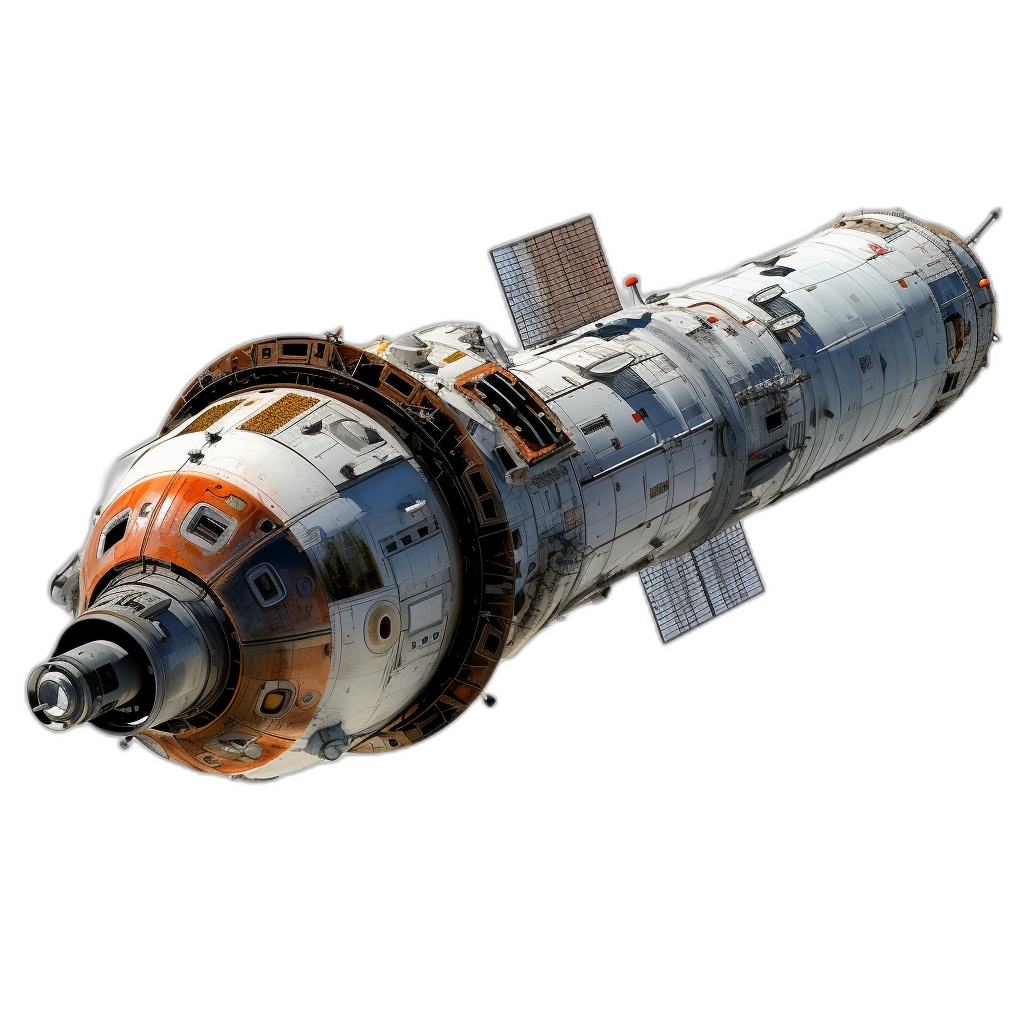 A realistic rendering of an abandoned space station in orbit, floating against the black background. The design is inspired by retro science fiction and it is made from metal with orange details. Viewed at a low angle, showing its length from side to tail at eye level. It has two large round windows on one end and several smaller square or rectangular window panels along each face. There is also a solar panel on top. In the style of a high-quality game asset, 3D rendering.