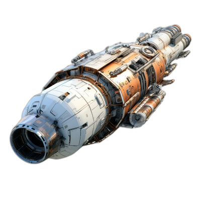 A spaceship with engines on the side, 3D rendered, on a black background, in the style of space opera, in white and copper colors.